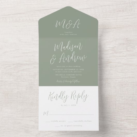 Eenvoudige Script Sage Green Wedding All In One Uitnodiging (Binnen)