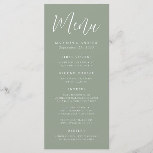 Eenvoudige Script Sage Green Wedding Menu (Voorkant)