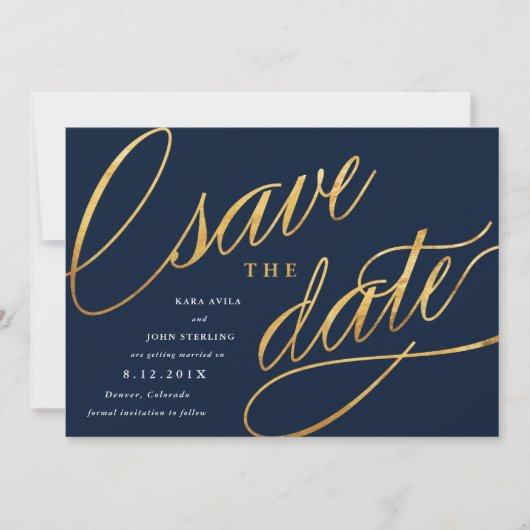 Eenvoudige Script Save the Dates | Marineblauw & G Save The Date (Voorkant)