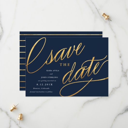Eenvoudige Script Save the Dates | Marineblauw & G Save The Date (Voorkant / Achterkant in situ)