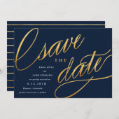 Eenvoudige Script Save the Dates | Marineblauw & G Save The Date (Voorkant / Achterkant)