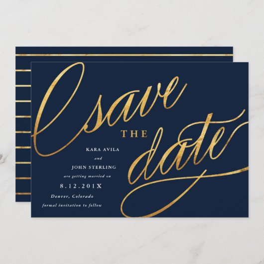 Eenvoudige Script Save the Dates | Marineblauw & G Save The Date (Voorkant / Achterkant)