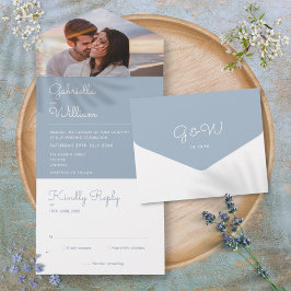 Eenvoudige Script Stofblauw Monogram Foto Bruiloft All In One Uitnodiging