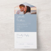 Eenvoudige Script Stofblauw Monogram Foto Bruiloft All In One Uitnodiging (Binnen)