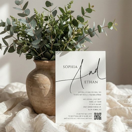 Eenvoudige script typografie QR-code witte trouw Kaart