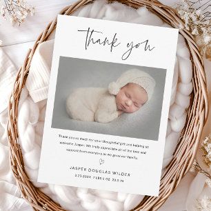 Eenvoudige Script Zwart en Wit Babyfoto Bedankkaart