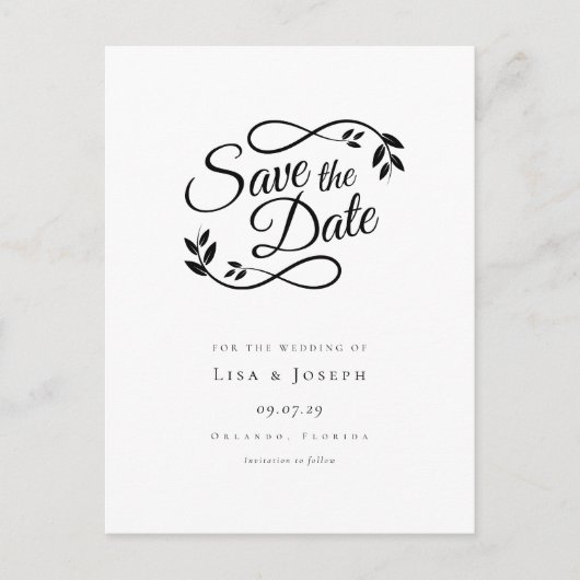 Eenvoudige Script Zwart en Wit Save the Date Briefkaart (Voorkant)