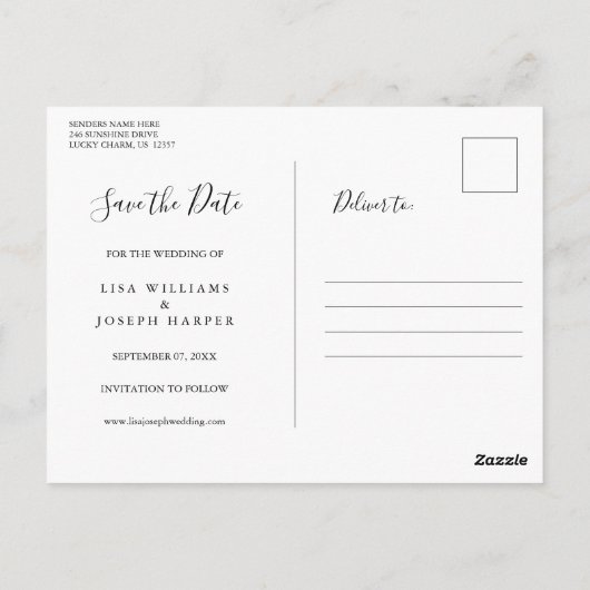 Eenvoudige Script Zwart en Wit Save the Date Briefkaart (Achterkant)
