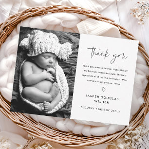 Eenvoudige script zwart-wit babyfoto bedankkaart
