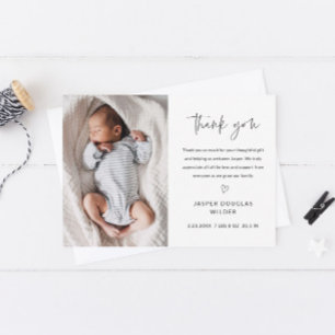 Eenvoudige script zwart-wit babyfoto bedankkaart