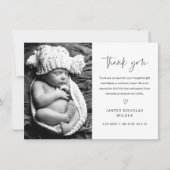 Eenvoudige script zwart-wit babyfoto bedankkaart (Voorkant)