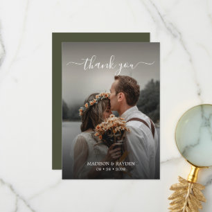 Eenvoudige scriptbedekking Olive Green Weduwfoto Bedankkaart