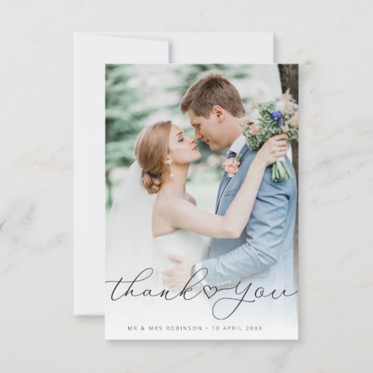 eenvoudige scriptharttrouwfoto bedankkaart (Voorkant)