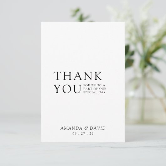 Eenvoudige scriptminimalistische bruiloft foto bedankkaart (Staand voorkant)