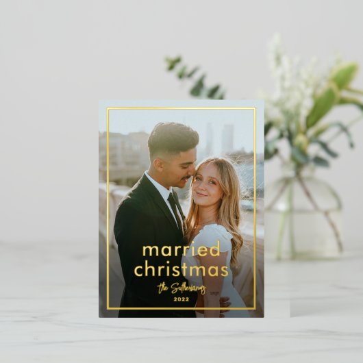 Eenvoudige scriptnaam Minimale foto met Kerstmis Folie Feestdagen Briefkaart (Staand Voorkant)