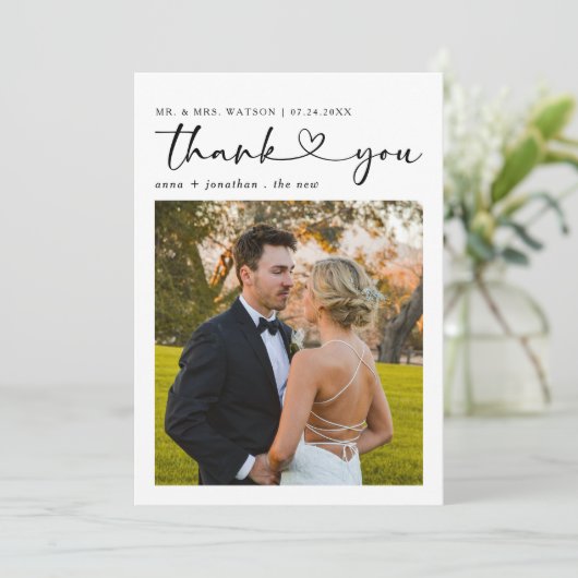 Eenvoudige scripttekst en foto bruiloft Dank u Bedankkaart (Staand voorkant)