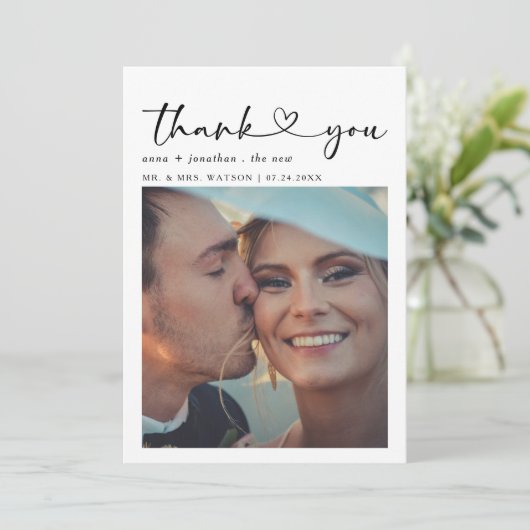 Eenvoudige scripttekst en foto bruiloft Dank u Bedankkaart (Staand voorkant)