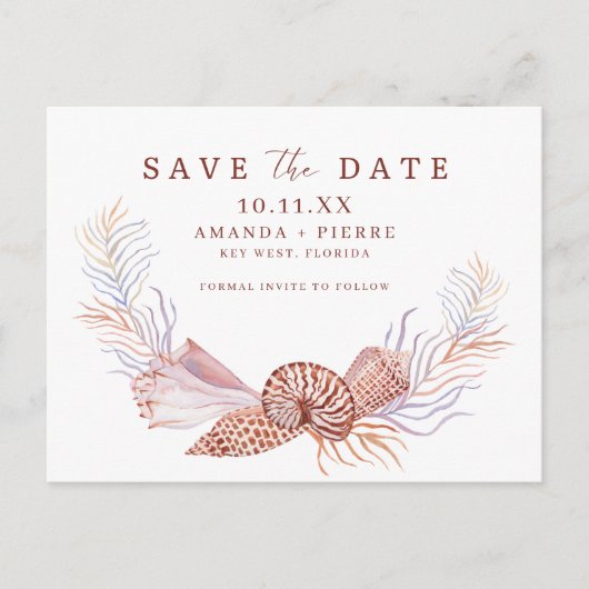 Eenvoudige Seashell Beach Bruiloft Save the Date Aankondigingskaart (Voorkant)