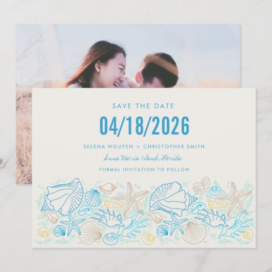 Eenvoudige Seashell Foto Strand Bruiloft Save the  Date (Voorkant / Achterkant)