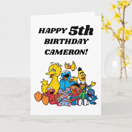 Eenvoudige Sesame Street vrienden 1e verjaardag Kaart (Gele Bloem)