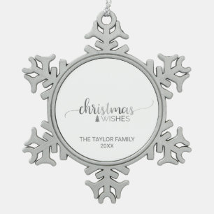 Eenvoudige Silver Calligraphy Holiday Tin Sneeuwvlok Ornament