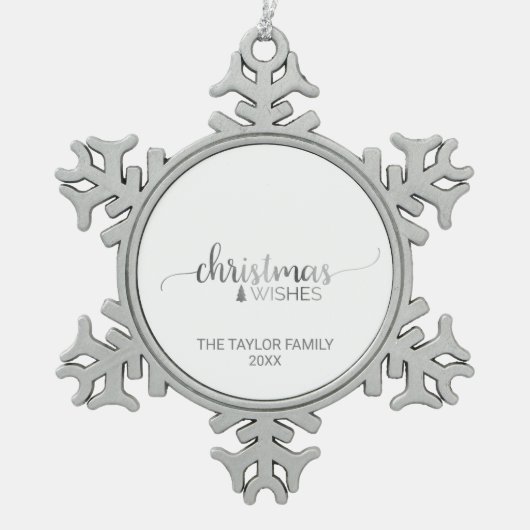 Eenvoudige Silver Calligraphy Holiday Tin Sneeuwvlok Ornament (Voorkant)