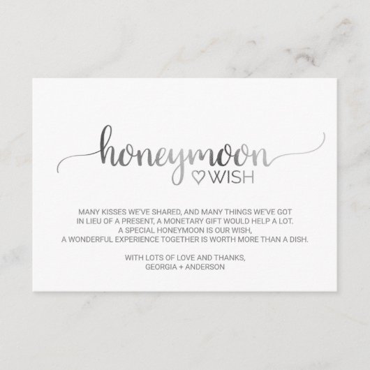 Eenvoudige Silver Calligraphy Wedding Honeymoon Wi Informatiekaartje (Voorkant)