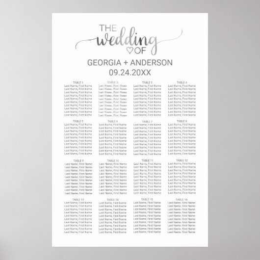 Eenvoudige Silver Calligraphy Wedding Seating Char Poster (Voorkant)