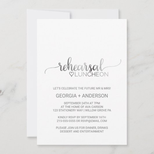 Eenvoudige Silver Foil Calligraphy Rehearsal Lunch Kaart (Voorkant)