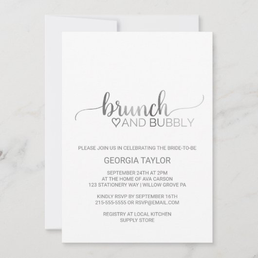 Eenvoudige Silver Foil-kalligrafie Brunch en Bubbl Kaart (Voorkant)