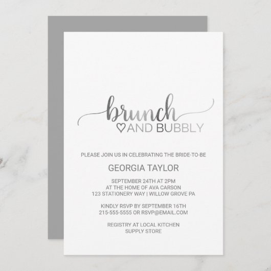 Eenvoudige Silver Foil-kalligrafie Brunch en Bubbl Kaart (Voorkant / Achterkant)