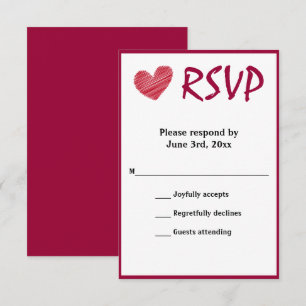 Eenvoudige Sketchy Red Heart Weddenschap RSVP-kaar RSVP Kaartje
