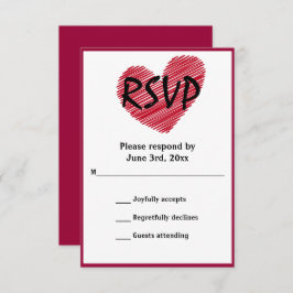 Eenvoudige Sketchy Red Heart Weddenschap RSVP-kaar RSVP Kaartje
