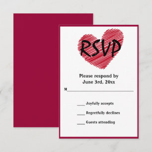Eenvoudige Sketchy Red Heart Weddenschap RSVP-kaar RSVP Kaartje