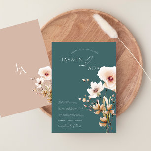 Eenvoudige Smaragd Groen Roze Wildbloemen Bruiloft Kaart