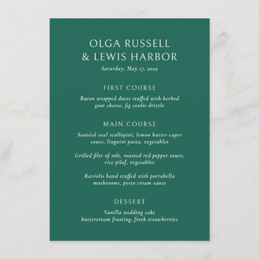 Eenvoudige smaragdgroene moderne bruiloft menu (Voorkant)