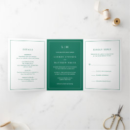 Eenvoudige smaragdgroene monogram elegante bruilof drieluik uitnodiging