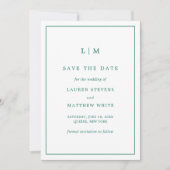 Eenvoudige smaragdgroene monogram elegante bruilof save the date (Voorkant)