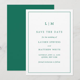 Eenvoudige smaragdgroene monogram elegante bruilof save the date