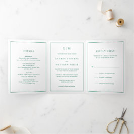 Eenvoudige smaragdgroene monogram elegante trouw drieluik uitnodiging