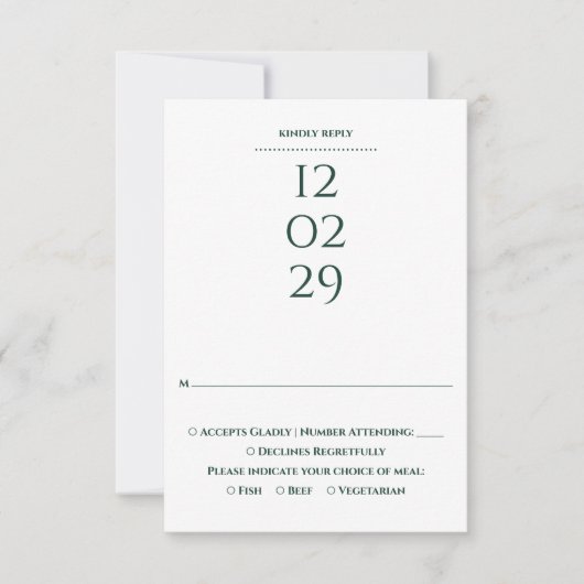 Eenvoudige smaragdgroene speciale datum bruiloft RSVP kaartje (Voorkant)