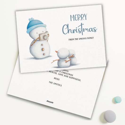 Eenvoudige Sneeuwman Fotograaf Vrolijk Kerstfeest Feestdagenkaart