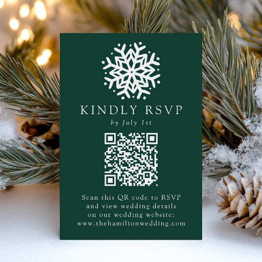 Eenvoudige Sneeuwvlok Groene QR Code Trouwen RSVP Kaartje