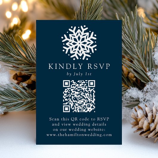 Eenvoudige Sneeuwvlok Marine QR Code Wedding RSVP Kaartje