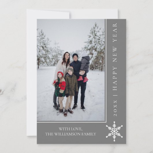 Eenvoudige sneeuwvlok Nieuwjaar fotokaart | Grijs Feestdagenkaart (Voorkant)