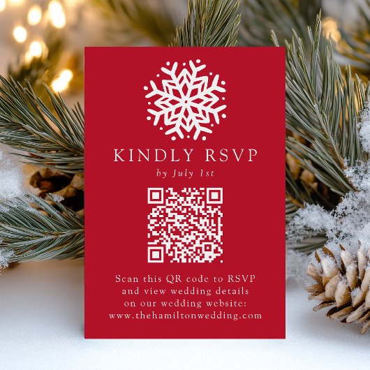 Eenvoudige Sneeuwvlok Rode QR Code Trouwen RSVP Kaartje