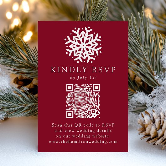 Eenvoudige Snowflake Bourgondië QR Code Wedding RSVP Kaartje