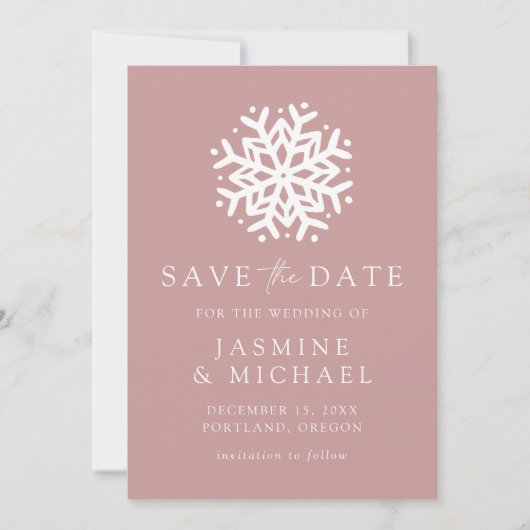 Eenvoudige Snowflake Dusty Roos Save The Date (Voorkant)