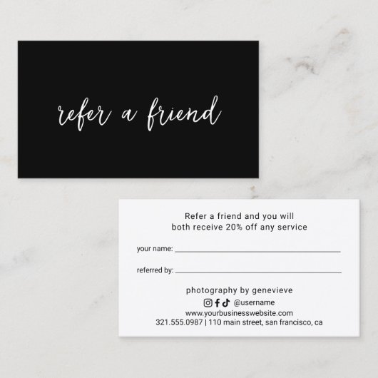 Eenvoudige sociale media iconen Elegant Zwart Mode Aanbevelingskaartje (Voorkant / Achterkant)