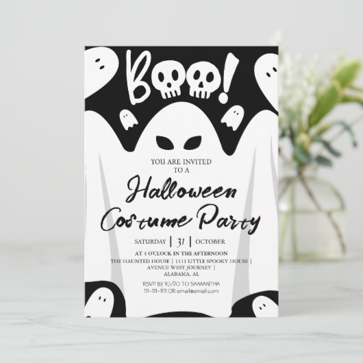 Eenvoudige Spooky Boo Ghost Halloween Kostuumfeest Kaart (Staand voorkant)